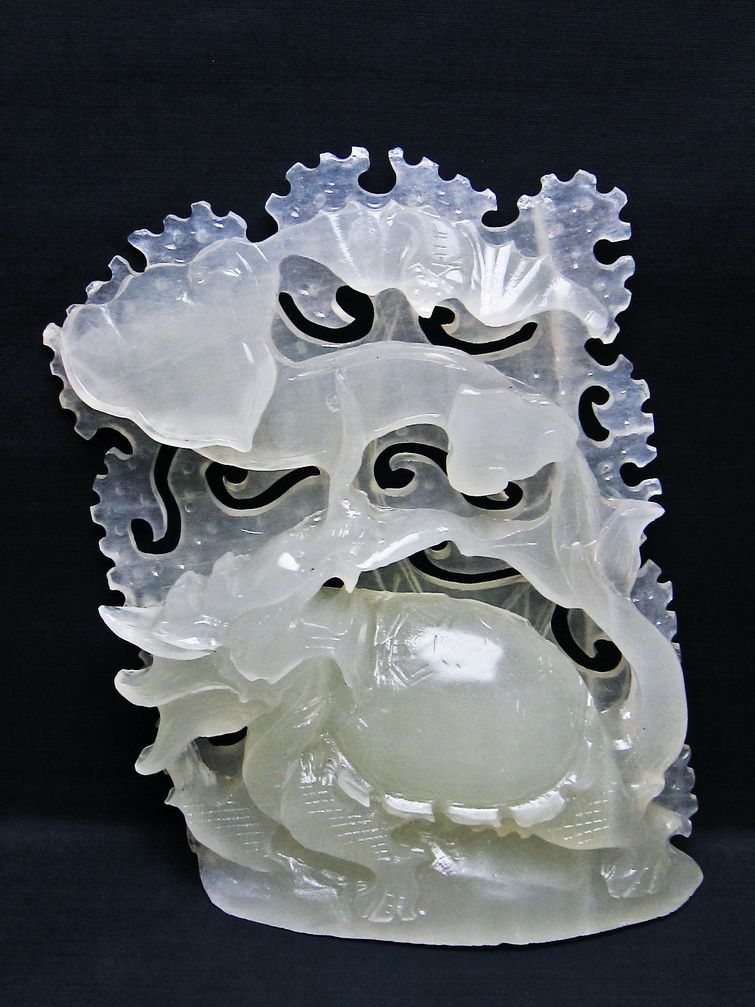 1.5Kg 漢白玉 手彫り 龍 置物 [t757-1976]