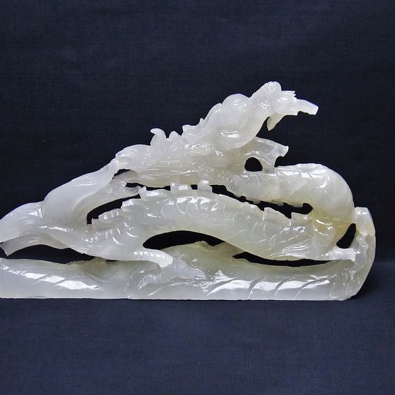 2.1Kg 漢白玉 手彫り 龍 置物[T757-1980]