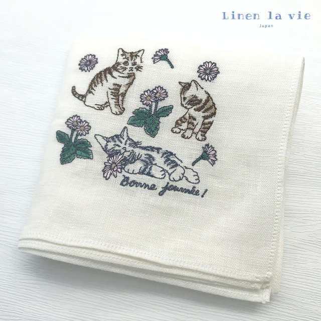Linen la vie(リネン ラ・ヴィ)：【刺繍 よい一日を】ハンカチ 2065