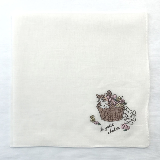 リネン　猫　刺繍