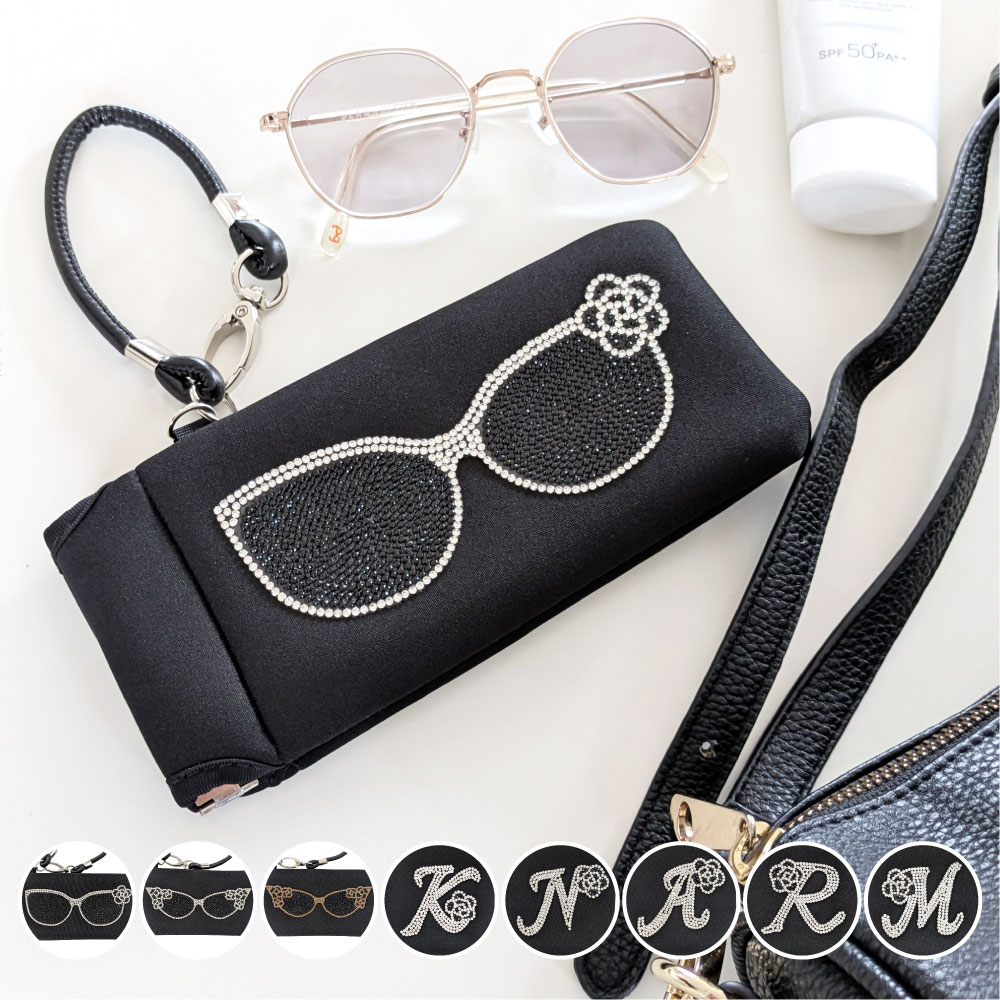 ストラップ付き メガネケース DecoBaboo レディース おしゃれ ソフトケース デコ キラキラ ラインストーン 軽量 スリム コンパクト バッグにつける ネオプレーン かわいい 上品 ギフト 日本製