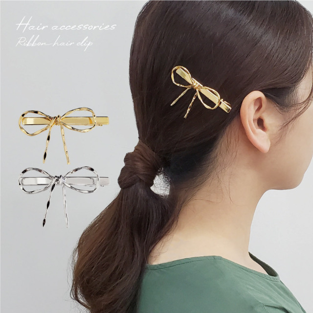 ヘアクリップ リボン ミニクリップ メタル フェミニン 大人 可愛い
