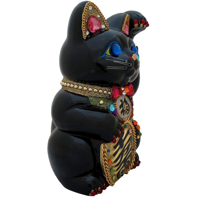 招き猫 置物 貯金箱 手長小判猫 黒 左手