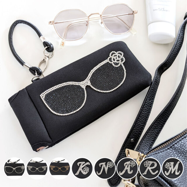 ストラップ付き メガネケース DecoBaboo レディース おしゃれ ソフトケース デコ キラキラ ラインストーン 軽量 スリム コンパクト バッグにつける ネオプレーン かわいい 上品 ギフト 日本製