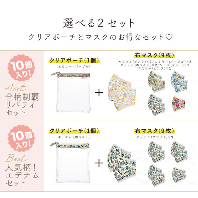 日本製 同柄2点セット Liberty Print リバティプリント 布マスク クリアポーチ