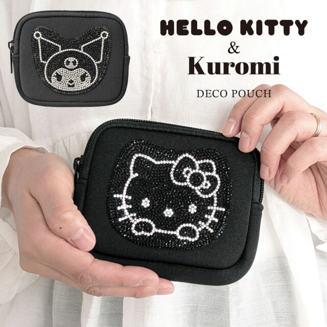 【新商品】 サンリオキャラクターズ デコ ミニポーチ ハローキティ クロミ 軽量 コンパクト 化粧ポーチ 小物入れ キラキラ モノトーン 小さめ ビジュー おしゃれ 可愛い コスメポーチ メイクポーチ スクエア
