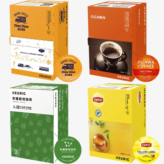 Keurig(キューリグ) K-Cup 4箱セット 48杯分　有機栽培珈琲　京都 小川珈琲 マイルドコーヒー　リプトンイエローラベル　AMAZING COFFEE Choo Choo BLEND
