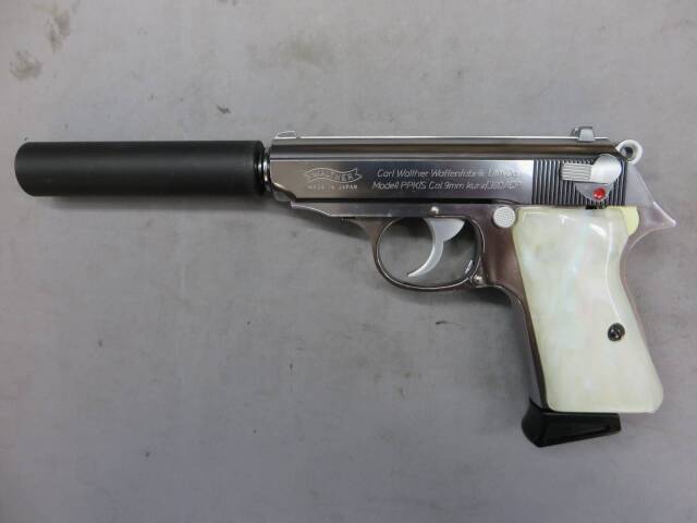 【マルゼン】ワルサー ニューPPK/S ステンレスモデル・サイレンサー・ホワイトパール調グリップ