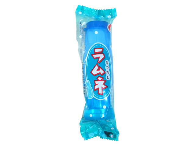 なつかしラムネ　ラムネのビンの形をした子供の手の平サイズの容器の中に　まるっこいラムネが入ってます　