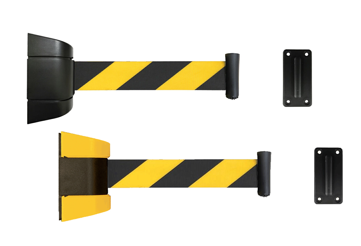 ウォールジョイントパーテーション　壁面設置タイプ　BR-2BY　バリアリール　2m　黒・黄ストライプ　ベルトパーテーション　壁掛け式　テープパーテーション　立ち入り禁止　立入禁止　壁付ユニット　受け金具付　自動巻き　ベルト外れ防止機構付【6ヶ月保証】