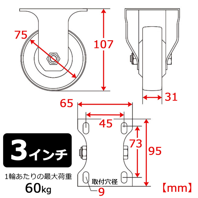 台車・平台車用交換キャスター HL-150専用 RK-1B専用 3インチ タイヤ