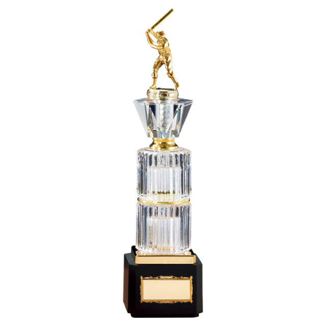 野球専用表彰記念トロフィー 樹脂製バッター人形付ガラス製トロフィー