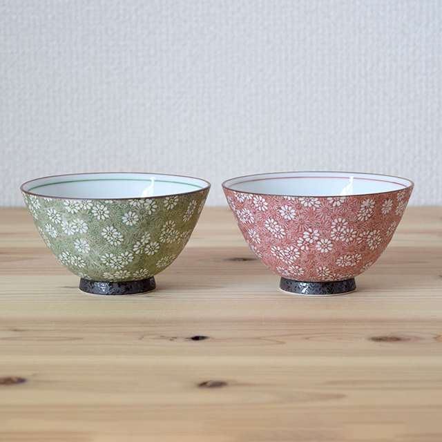 波佐見焼 永泉窯】花むら 茶碗（緑）（赤）