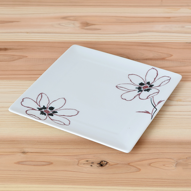 波佐見焼 一龍陶苑】アネモネ（赤）正角プレート