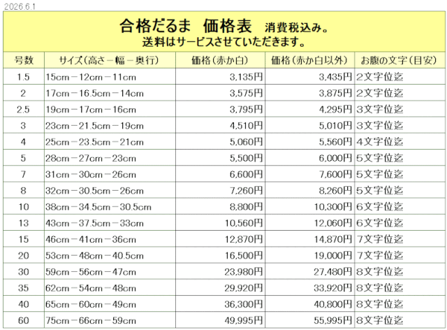 高崎だるま 合格だるま 価格表