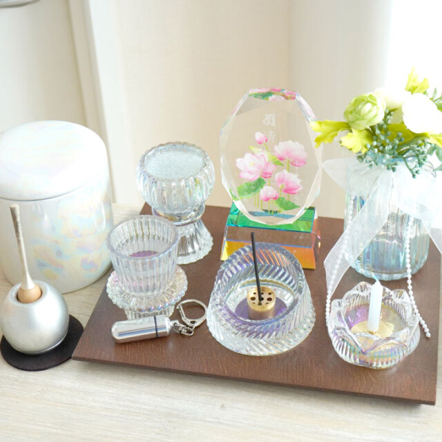 ポリニアン　開封品7点セット オリジナル ガラス 仏具 5点 セット ミニ コンパクト クリスタル 仏具