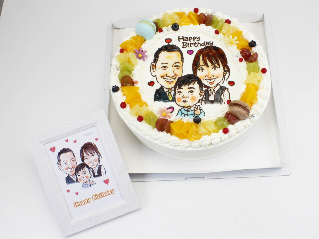 似顔絵ケーキ （８号24ｃｍ） フォトスタンド付　人物３体　