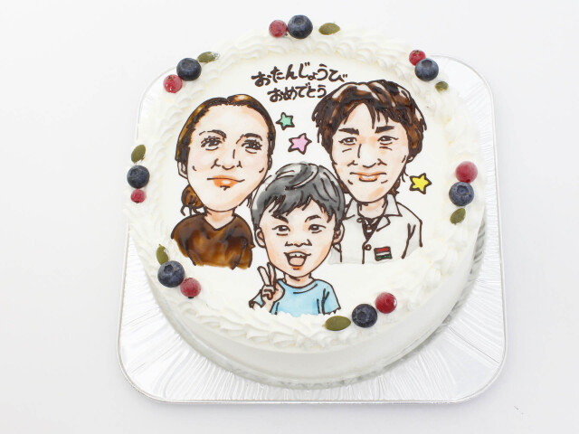似顔絵ケーキ （７号21ｃｍ） フォトスタンド付　人物３体　