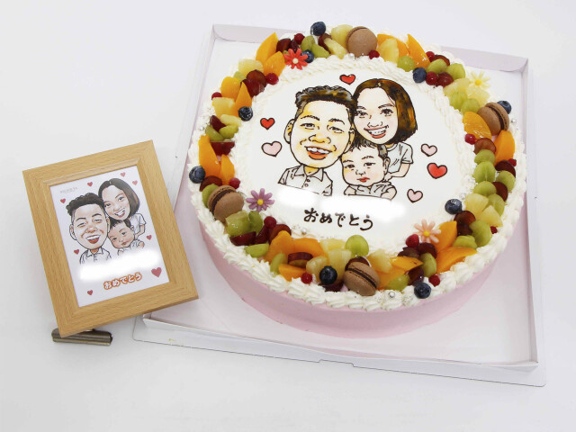 似顔絵ケーキ （１０号30ｃｍ） フォトスタンド付　人物３体　