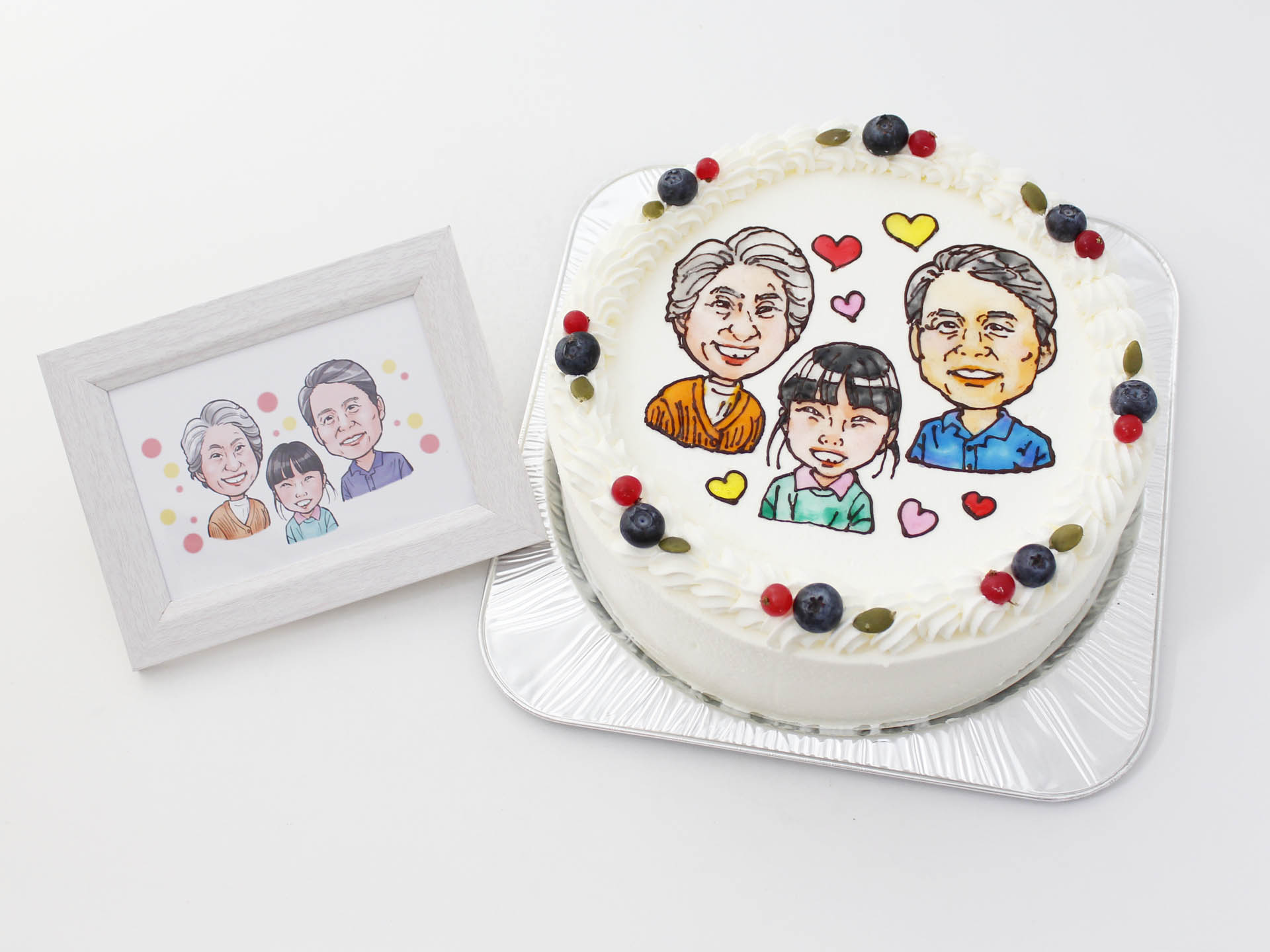似顔絵ケーキ （７号21ｃｍ） フォトスタンド付　人物３体　