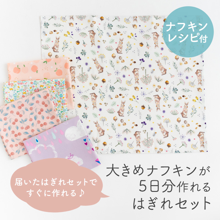 ハギレ 布 生地 ≪ 大きめナフキンが5日分作れるはぎれセット ≫【レシピ付き】【3点までメール便対応】