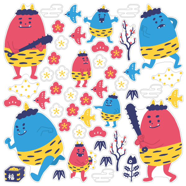 【壁】赤オニ青オニと豆まきの写真