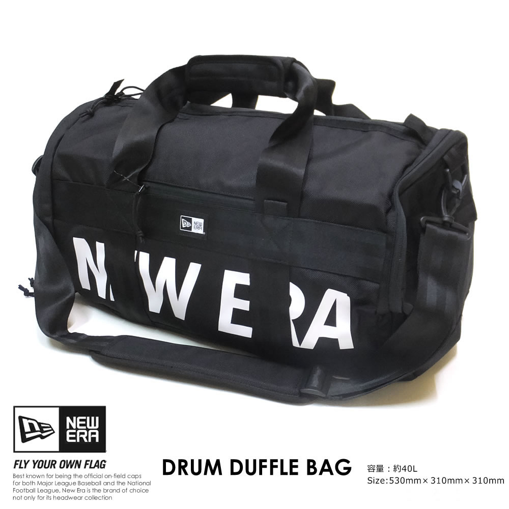 New Era (ニューエラ) ダッフルバッグ DRUM DUFFLE BAG 40L プリントロゴ ブラック×ホワイト (12108726