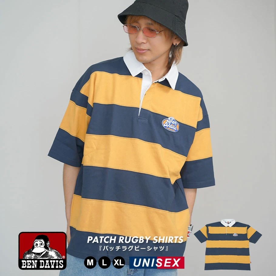BEN DAVIS ベンデイビス ラグビーシャツ メンズ 半袖 PATCH RUGBY BORDER TEE イエロー bett036