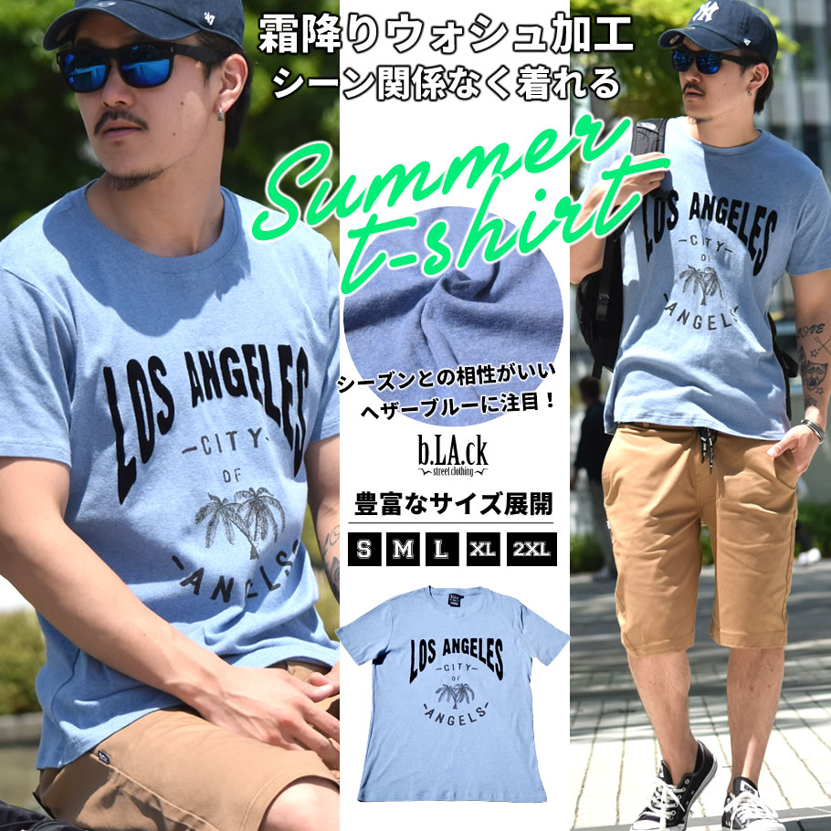 bLAck (ブラック) 半袖Tシャツ LOS ANGELES LA フロッキー プリント 霜降り BHTT019 bhtt019