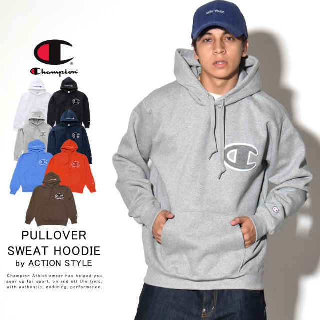 チャンピオン Champion パーカー メンズ プルオーバー スウェット 裏起毛 厚手 同色ビッグロゴワッペン アクションスタイル C3 L119 メンズカジュアルファッション通販deep