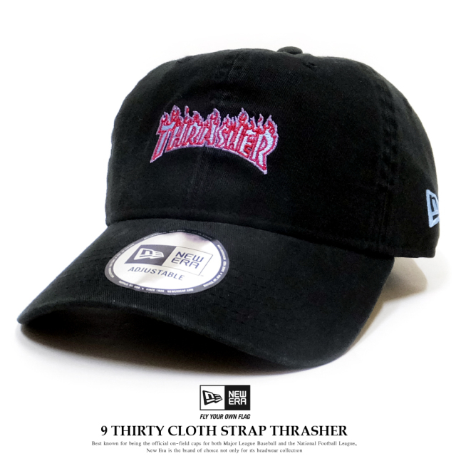 NEW ERA ニューエラ コラボ カーブバイザーキャップ 9THIRTY クロスストラップ THRASHER スラッシャー ファイアロゴ ブラック×ウルトラブルー 11781511