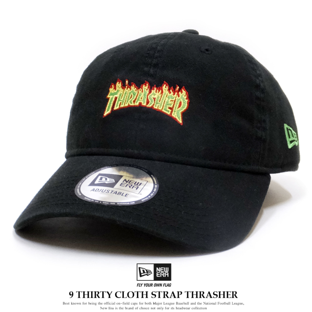 NEW ERA ニューエラ コラボ カーブバイザーキャップ 9THIRTY クロスストラップ THRASHER スラッシャー ファイアロゴ ブラック×ローリングメドウ 11781512