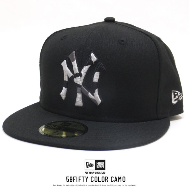 NEW ERA ニューエラ フラットバイザーキャップ 59FIFTY ニューヨーク・ヤンキース ブラック×グレーカモフラロゴ 11876749
