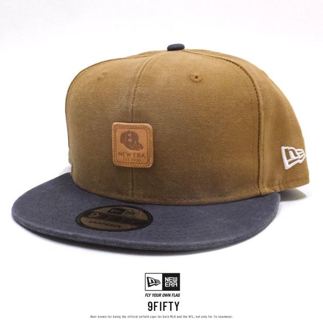 NEW ERA ニューエラ フラットバイザーキャップ 9FIFTY ヘビーウォッシュド ダックキャンバス レザーパッチ タン グラファイトバイザー 11899178