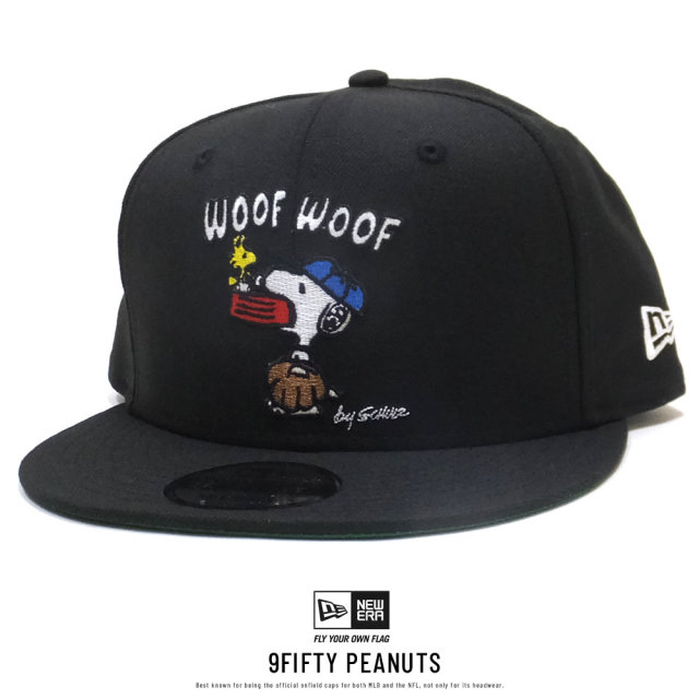 NEW ERA ニューエラ フラットバイザーキャップ 9FIFTY PEANUTS スヌーピー WOOF ブラック 11914499