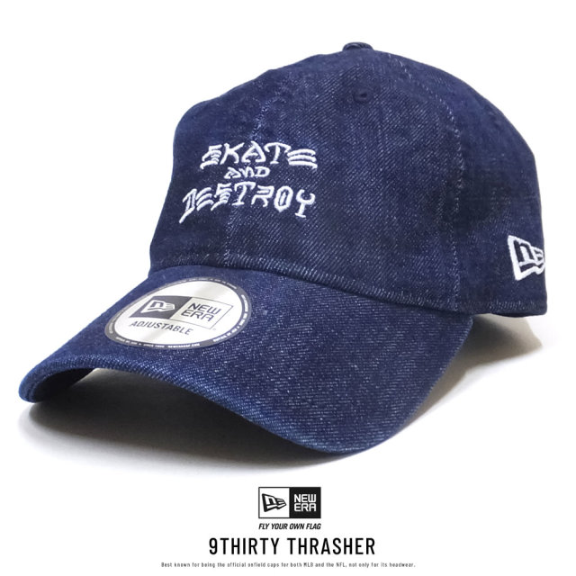 NEW ERA ニューエラ カーブバイザーキャップ 9THIRTY Thrasher スラッシャー SKATE AND DESTROY インディゴデニム × ホワイト 11914522