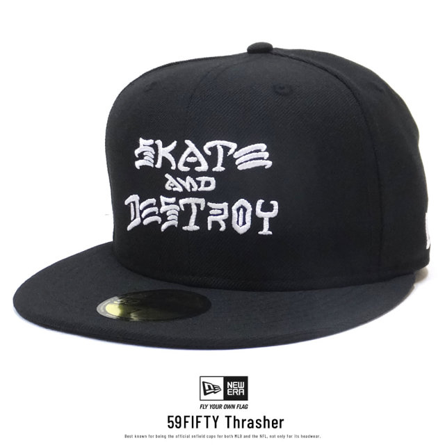NEW ERA ニューエラ フラットバイザーキャップ 59FIFTY Thrasher スラッシャー SKATE AND DESTROY ブラック × ホワイト 11914543