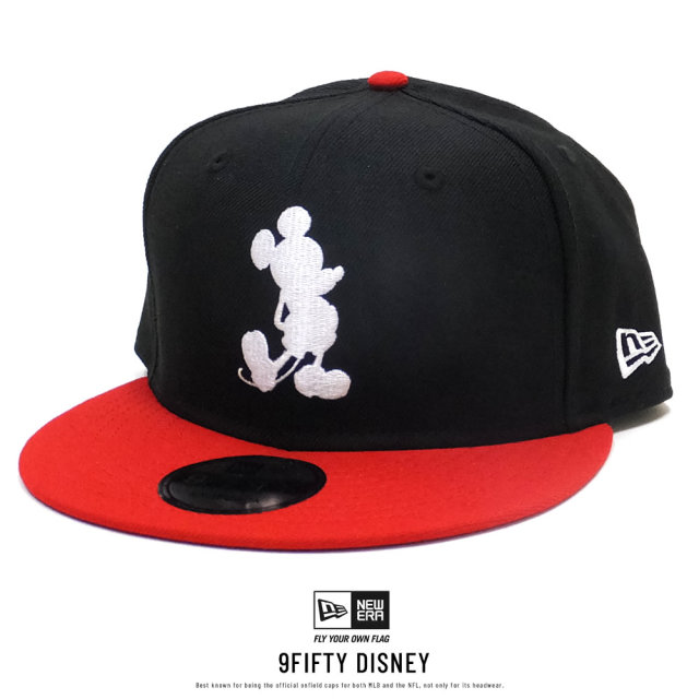 NEW ERA ニューエラ フラットバイザーキャップ 9FIFTY ディズニー ミッキーマウス シルエット ブラック × ホワイト レッドバイザー 12108954