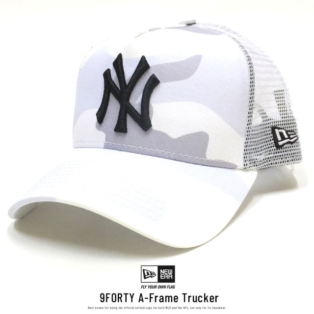 NEW ERA ニューエラ カーブバイザーキャップ 9FORTY A-Frame トラッカー ニューヨーク・ヤンキース ウッドランドカモ ブルー × スノーホワイト ホワイトアンダーバイザー 11899210