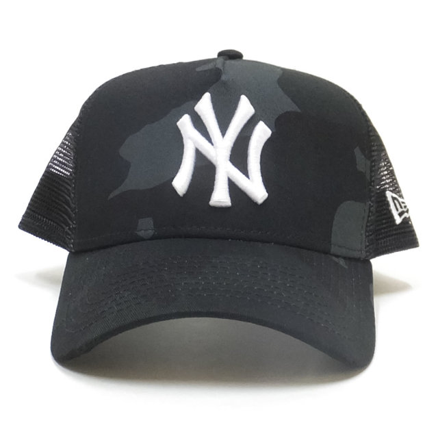 NEW ERA ニューエラ カーブバイザーキャップ 9FORTY A-Frame トラッカー ニューヨーク・ヤンキース ウッドランドカモ ブラック × スノーホワイト ブラックアンダーバイザー 11899212