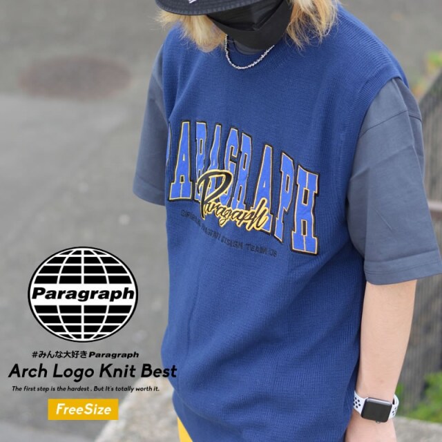 Paragraph パラグラフ ニットベスト メンズ レディース カレッジロゴ ブランド Arch Logo Knit Best No.24 ネイビー paragraph027