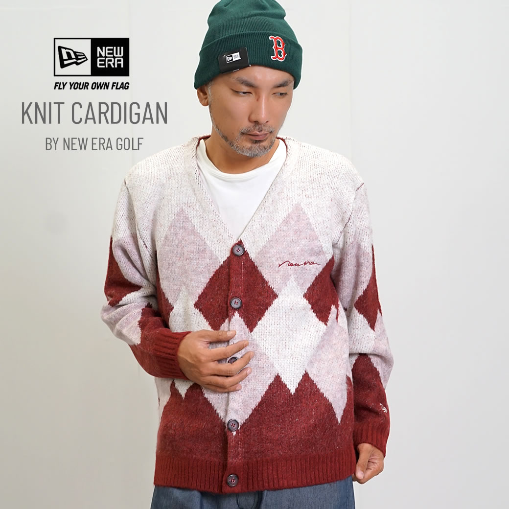 ニューエラ ゴルフ モヘア調ニットカーディガン アーガイル柄 メンズ NEW ERA GOLF KNIT CARDIGAN ARGYLE バーガンディ nekdp1004