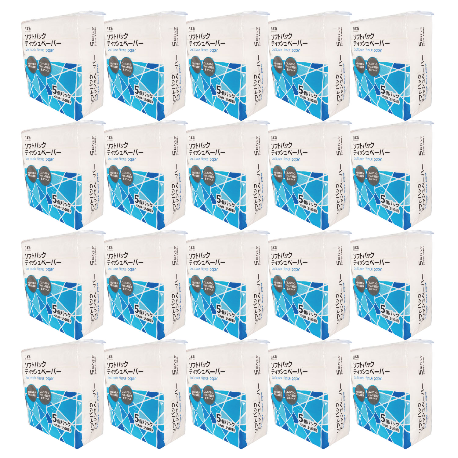 【ケース販売】フィルム包装 パルプ100% ティッシュペーパー 5個入り 20パックセット 日本製(静岡県富士市)