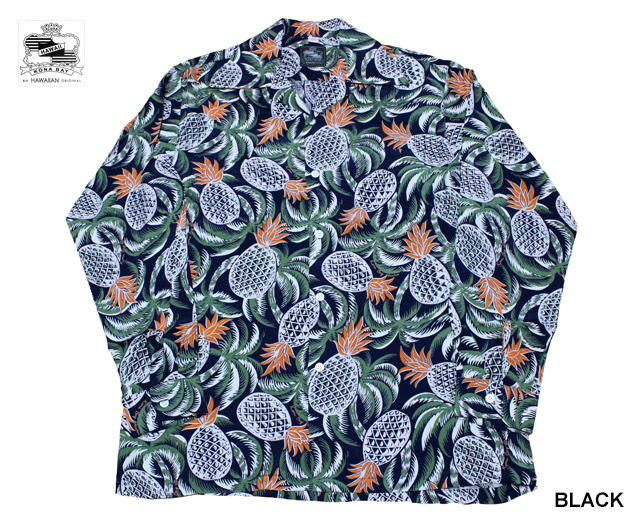 Kona Bay Hawaii コナベイハワイ 長袖アロハシャツ パイナップル
