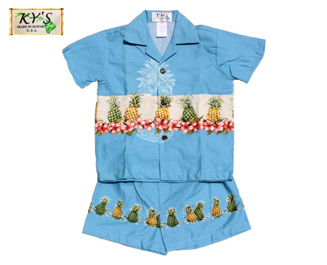 KY'S 子供用 キッズ アロハシャツ Border Pineapple ボーダー