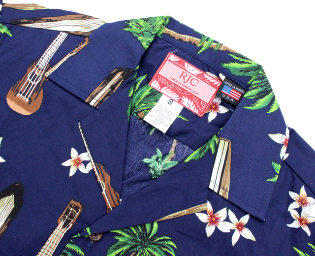 【美品】90s RJC コットン・アロハシャツ ウクレレ柄　　　　ハワイ製 90sヴィンテージUSA製 RJC アロハシャツ 開襟 コットン 黒 XL美