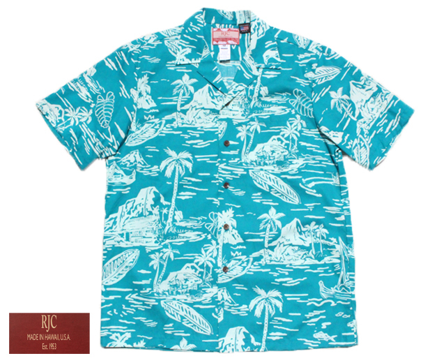 17530 ハワイ製 メンズ アロハシャツ 水色 そなえ 