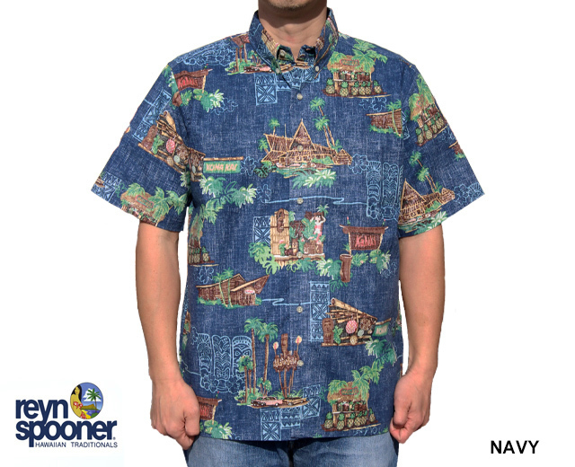 Reyn Spooner レインスプーナー アロハシャツ TIKI BARS ティキ ネイビー