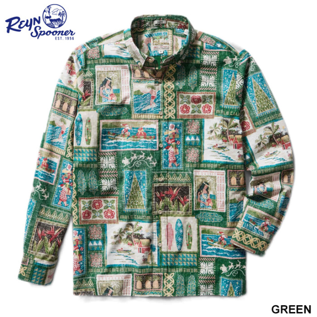 ReynSpooner レインスプーナー 長袖アロハシャツ クリスマス
