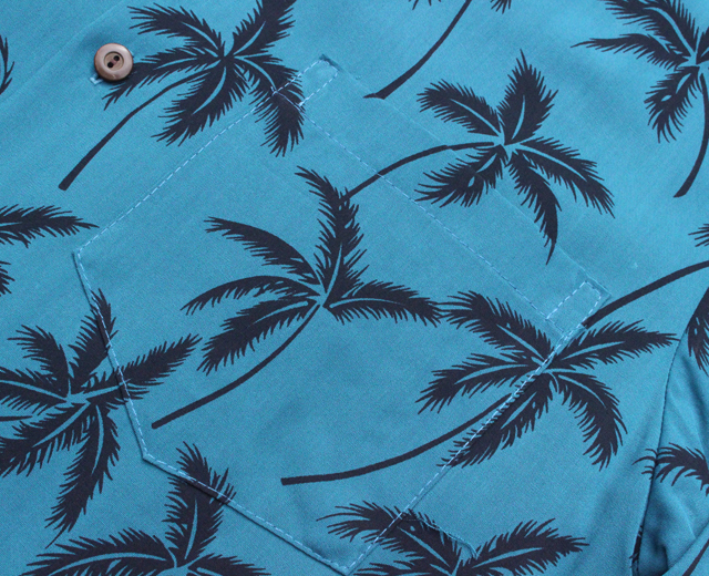 40s アロハシャツ 半袖 青系 パームツリー マルカワ MARUKAWA レーヨン